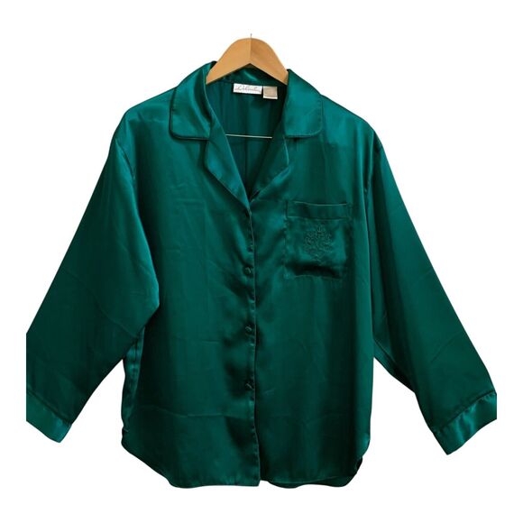 Delicates Pajama Set Womens LARGE Green Satin Long Sleeve Elastic Waist PJs - Picture 2 of 16